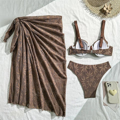 Voguable  Dark Brown Hollow Lace Swimwear Cover Ups Push Up Bikinis Sets 3 Pieces Sexy Swimsuit Women Bathing Suit Beachwear Bikini voguable