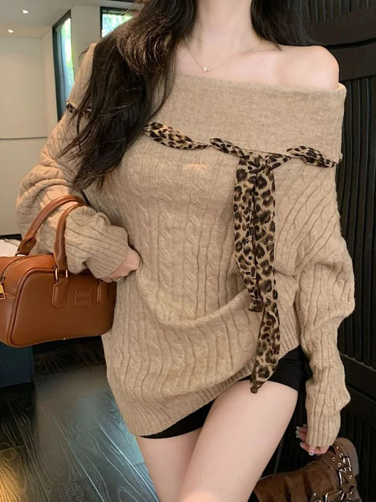 Sexy Off Shoulder Y2K Sweater Women Vintage Leopard Lace Up Knitted Jumper Casual Lazy Wind Long Sleeve Slash Neck Pullover voguable