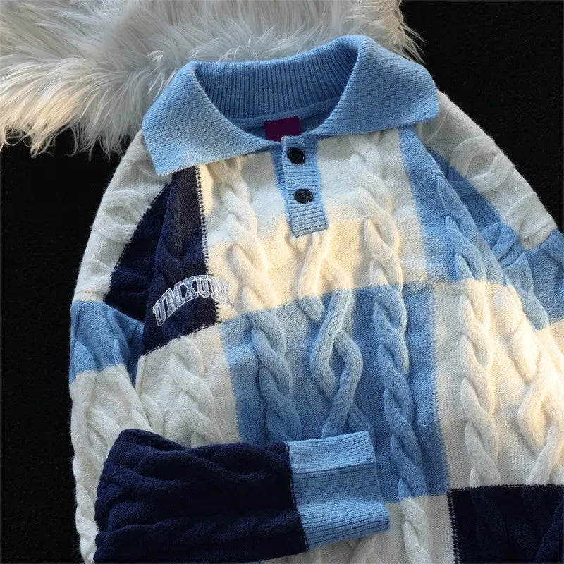 Voguable Vintage Plaid Green Knitted Sweater Men Checked Pullover Y2K Blue Sweaters Men's Winter Harajuku Japanese Streetwear voguable