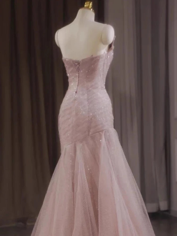 Voguable Rose Pink Mermaid Evening Dresses Pleat Asymmetry Chain Shiny Sequined Long Slim Fairy French Celebrity Prom Party Gowns Woman voguable