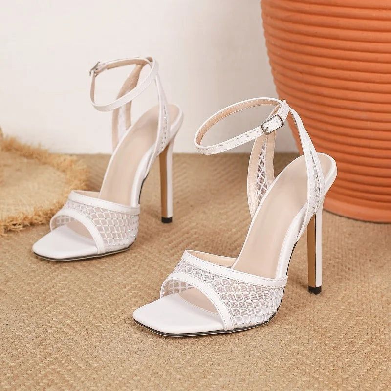 Voguable  New Summer Fashion Crystal Breathable Hollow Out Sandals Women Square Toe Buckle Strap Thin Heels Ladies Shoes voguable