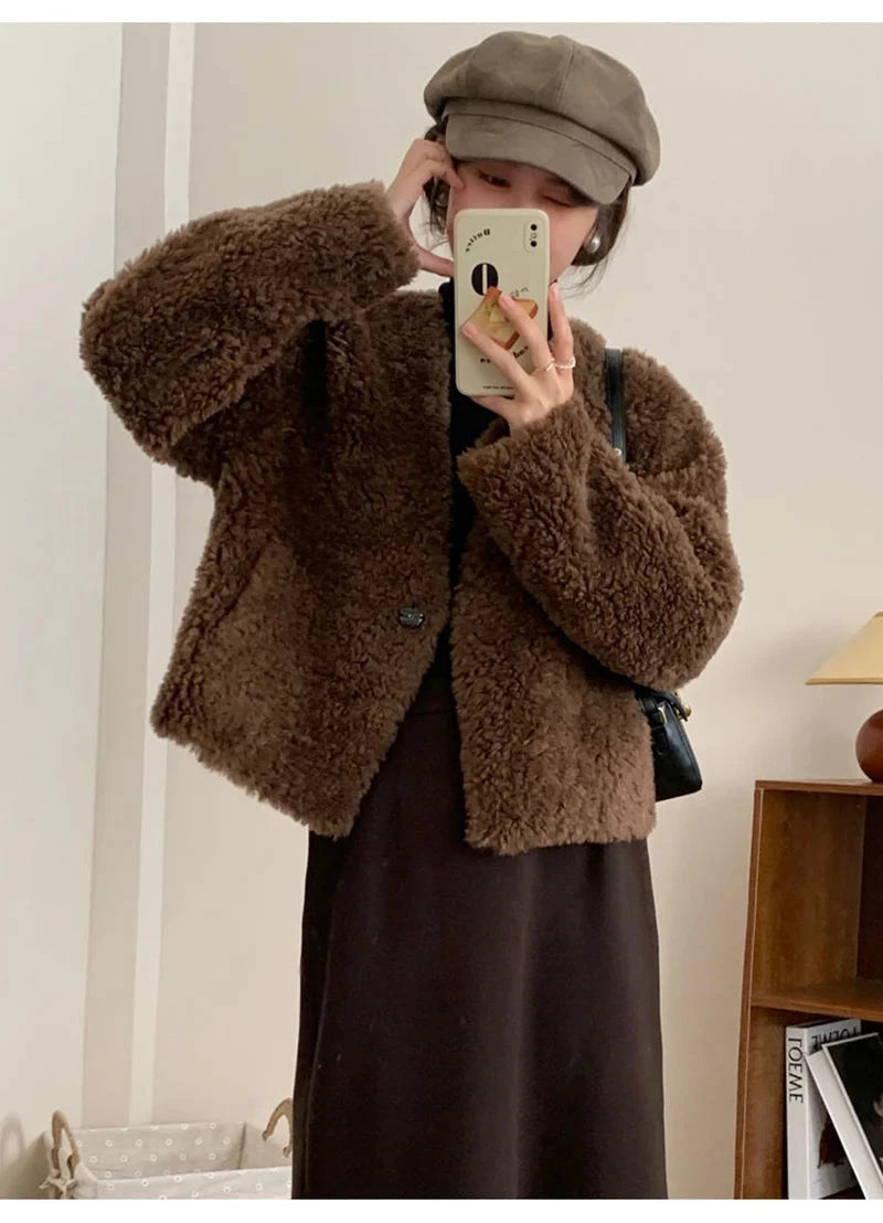 Winter Vintage Women Faux Lamb Coat Warm Soft Long Sleeve V Neck Sweet Jacket Retro Simple Solid Korean Female Preppy Style Tops voguable