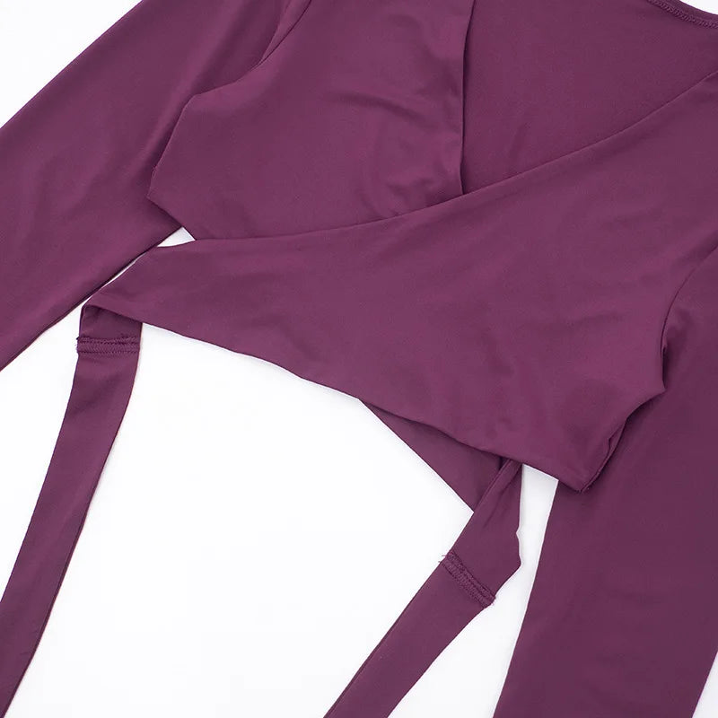 Voguable  Sexy V-Neck Women Two Piece Pants Sets Fashion Long Sleeve Drawstring Bandage Cropped Top and Leggings Pantyhose Outfits voguable