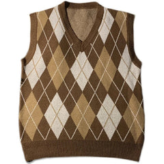 2025 Spring Autumn Diamond Grid Candle Knitted Vest Men Women Loose Pullover Retro Outer Sleeveless Sweater Vest Aesthetic voguable