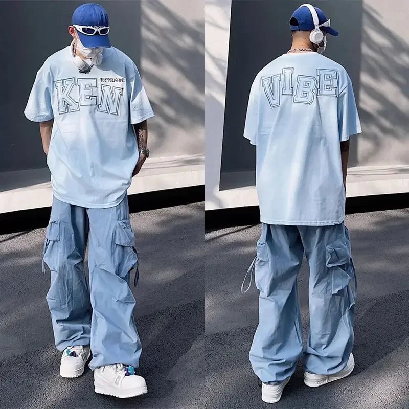 Voguable  Y2K Cargo Pants for Men Hip Hop Harajuku Parachute Cargo Trousers Male Blue Japanese Loose Casual Streetwear Hip Hop voguable