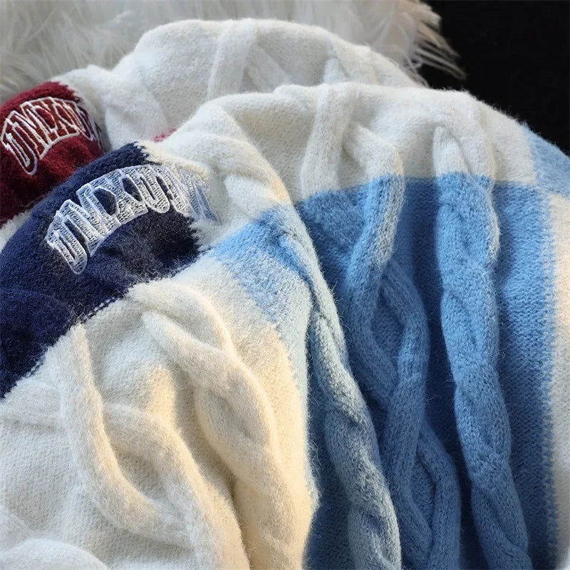 Voguable Vintage Plaid Green Knitted Sweater Men Checked Pullover Y2K Blue Sweaters Men's Winter Harajuku Japanese Streetwear voguable