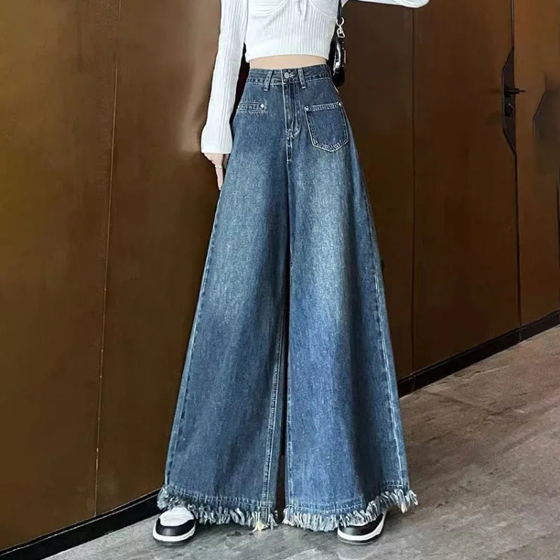 Voguable  Washed Burrs Wide Leg Denim Trousers Women's Spring Autumn New Fashion Vintage High Waist Loose Street Mop Pants voguable