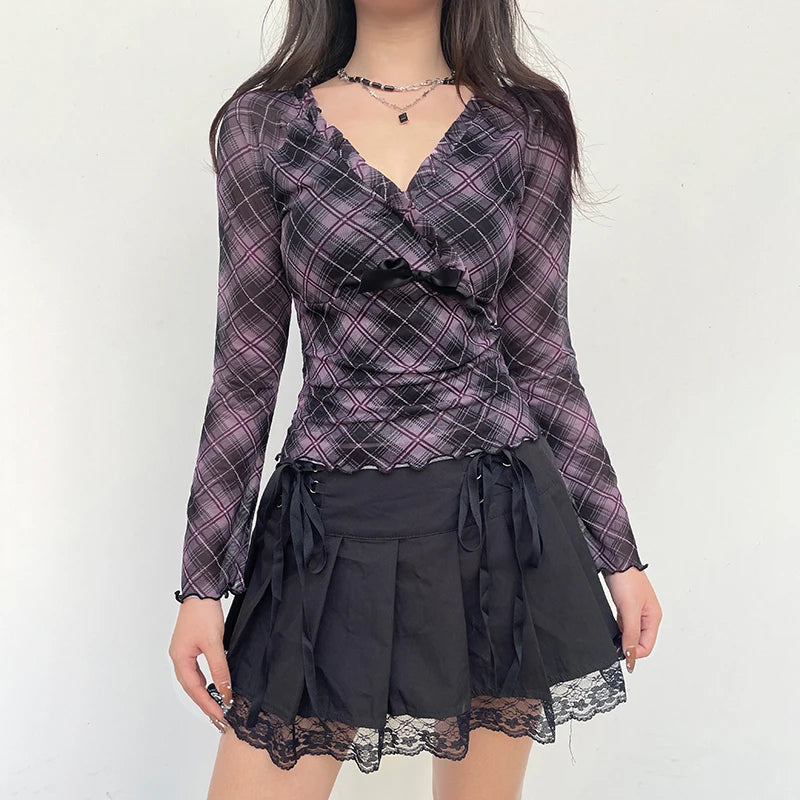 Voguable Y2K Plaid Double Layer Mesh Top Black Ruched V-neck T-shirts Fairy Grunge Long Sleeve Tops Vintage Sweet Bow Tees Fall voguable