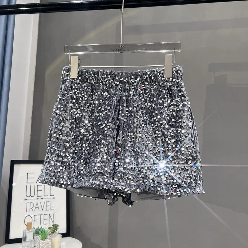 Voguable  Europe and America Sequined Black Shorts Slim Suede Embroidered Beads Grey Casual Pants Women's Hot Pants voguable