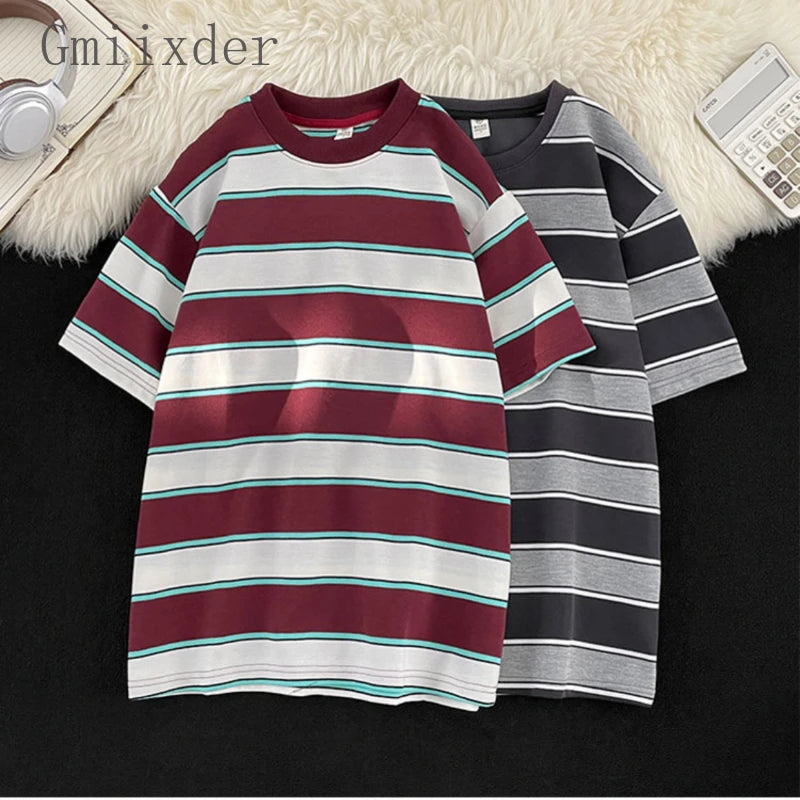 Voguable  Japanese Couple Color-blocking Short-sleeved T-shirt Hong Kong Style Loose Trend Striped Heavy Round Neck Half-sleeved T-shirt voguable