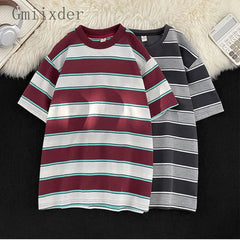 Voguable  Japanese Couple Color-blocking Short-sleeved T-shirt Hong Kong Style Loose Trend Striped Heavy Round Neck Half-sleeved T-shirt voguable