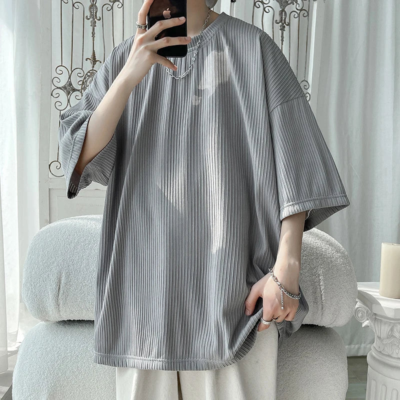 Ice Silk Striped Oversized Cool T Shirts Men Summer Half Sleeve Fashion Harajuku T-Shirt Male Solid Simple Daily Casual Tees gotmes-shop