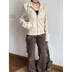 Brown Spliced High Rise Flare Jeans for Women Streetwear Y2K Aesthetic Cargo Jean Pants Vintage Denim Trousers Grunge Fairycore voguable