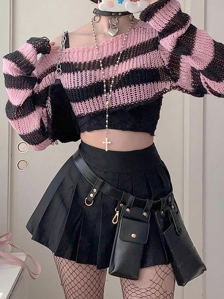 Voguable  Pink Contrast-paneled Crop Smock Top Y2K Aesthetic Cute Knitted Long Sleeve Pullover for Women Sweater Vintage Clothes voguable