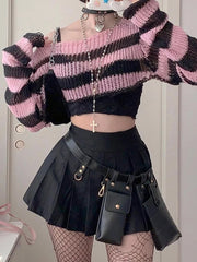 Voguable  Pink Contrast-paneled Crop Smock Top Y2K Aesthetic Cute Knitted Long Sleeve Pullover for Women Sweater Vintage Clothes voguable