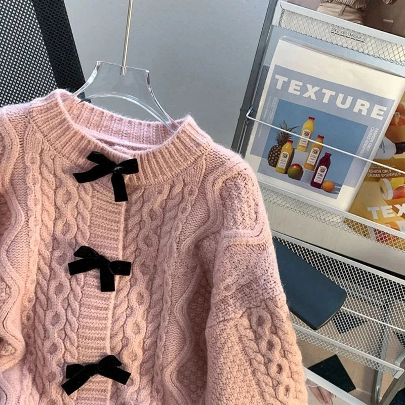 Preppy Style Bow Sweet Cardigan Women Cute Long Sleeve Solid Knitted Sweaters Casual Vintage O Neck Lady Fall Winter Top Outwear voguable