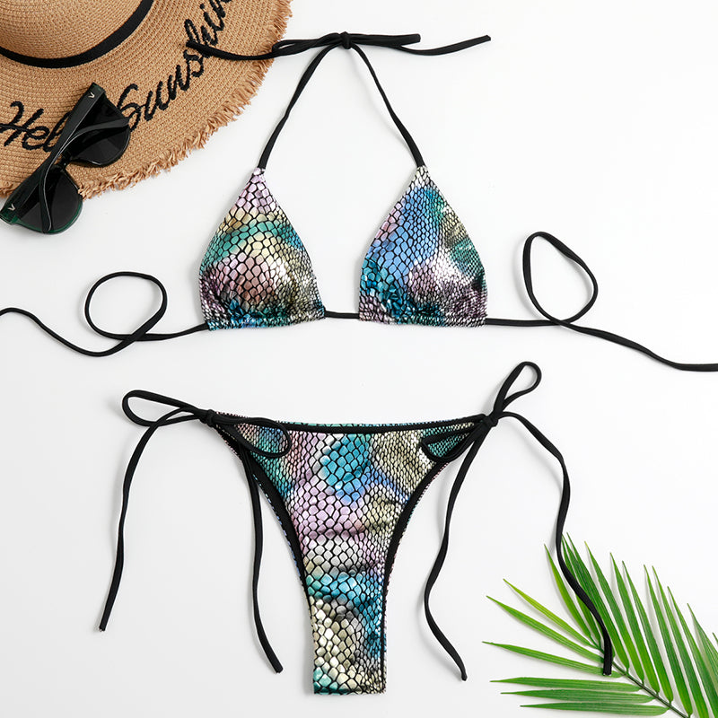 Bikini 2022 Woman Sexy Bikini Split Double Sided Printed Swimsuit Lace Up Strap Bikini Suit Summer Beach Bikini Swimwear voguable