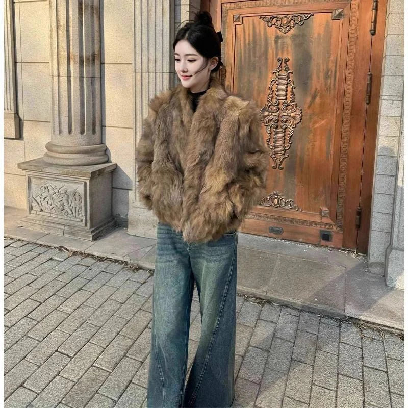 Elegant Vintage Faux Fur Coat Women Slim Long Sleeve Winter Faux Fox Jacket Korean Casual Open Stitch Retro Soft Warm Outwear voguable