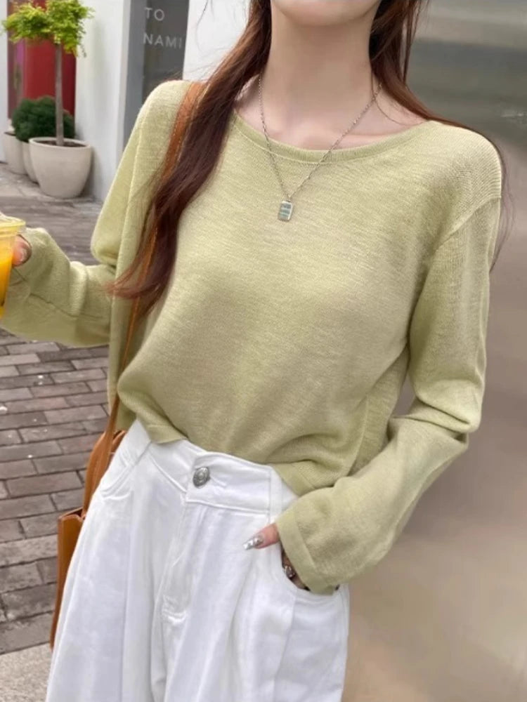 Breezy Long Sleeve Knit Top for Women Breathable O-neck Boxy Pullovers Blouse Summer Sunscreen Shirt Cover Up Casual Outfit voguable