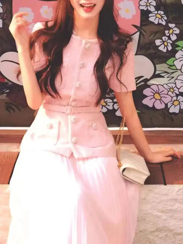 Women's Elegant 2 Pcs Set O Neck Short Sleeve Sequins Tweed Belt Coat High Waist Pleated Skirts Sets 2025 New Autumn voguable