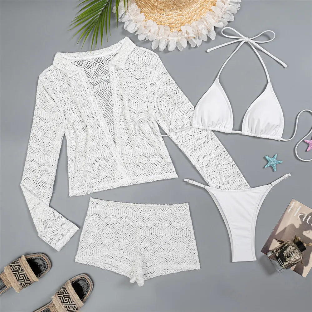 Voguable  Solid White Hollow Lace Swimwears 4 Piece Bikinis Sets Shorts Coats Micro Thong Sexy Swimsuit Women Bather Halter String Bikini voguable