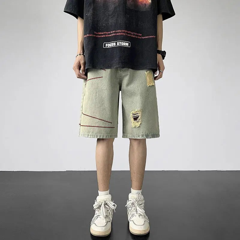 Voguable  Men Five-point Ripped Summer Thin Style Wear New Versatile Loose Denim Shorts voguable