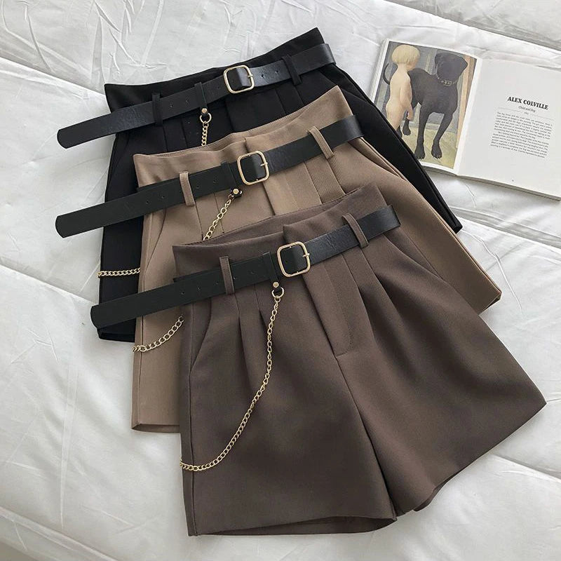 Korean with Belt Women Suit Shorts Y2K Summer High Waist Solid Color A Line Shorts Loose Streetwear All Match Wide Leg Pants voguable