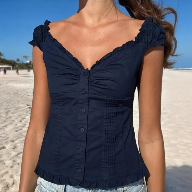 y2k Tank Top Women Summer Clothes Solid Color Cap Sleeve Button Down Slim Fit Frill T Shirt 2000s Vest Streetwear voguable