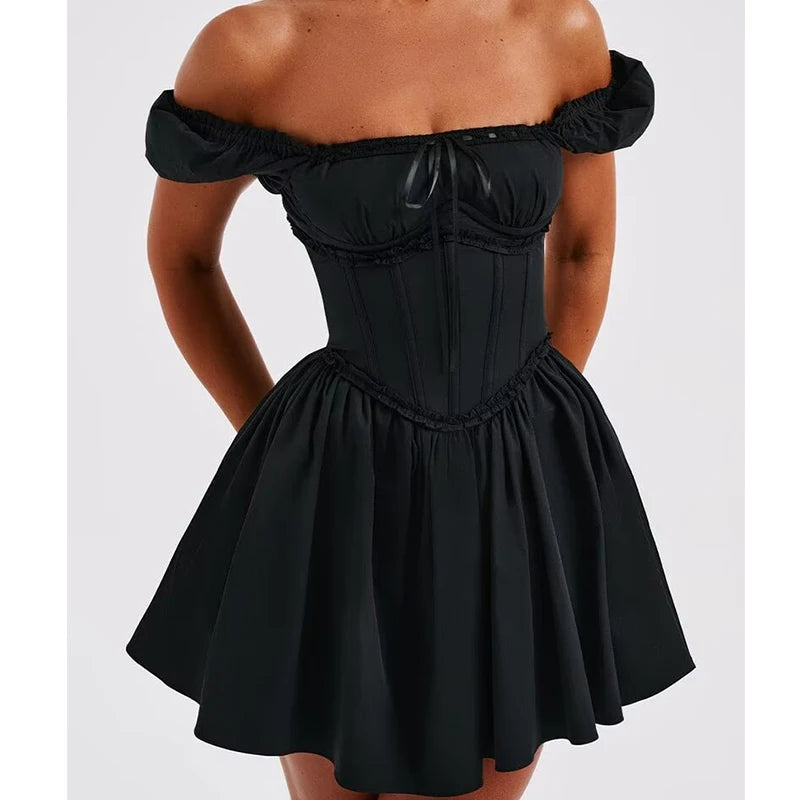 New Women Sexy Off Shoulder White Mini Dress Short Sleeve Low Waist Lace Up Back Sweet Summer Dresses Cotton Robe voguable