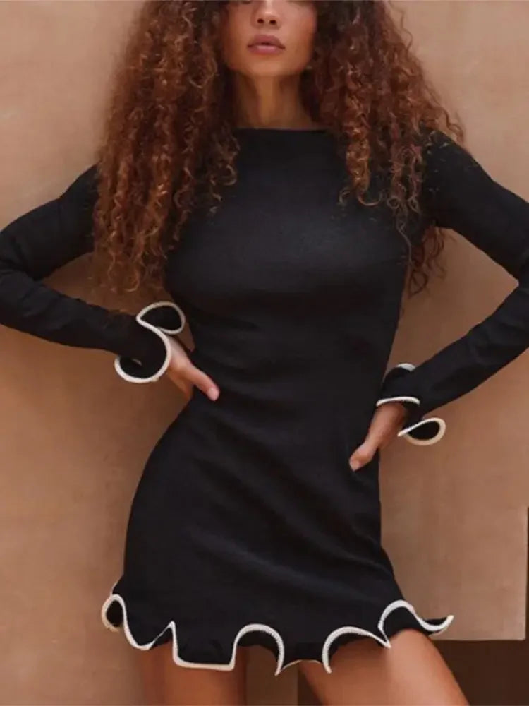 Elegant Round Neck Pleat Long Sleeve Women's Dress Casual Slim Black White Short Dresses 2024 New Female Chic Party Street Robes voguable