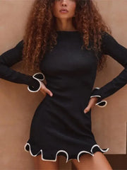 Elegant Round Neck Pleat Long Sleeve Women's Dress Casual Slim Black White Short Dresses 2024 New Female Chic Party Street Robes voguable