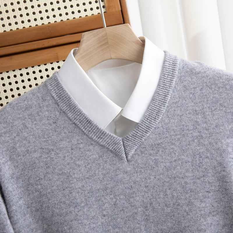 Men 100% Merino Wool Sweater V-Neck Pullover Autumn Winter Cashmere Warm Solid Knitwear Clothes Business Bottoming Soft Tops voguable