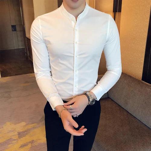 Men Slim Fit Shirt 2024 Autumn Cotton Solid Stand Collar Casual Business Long-sleeved Shirts Male Fashion Camisas Men Clothing voguable