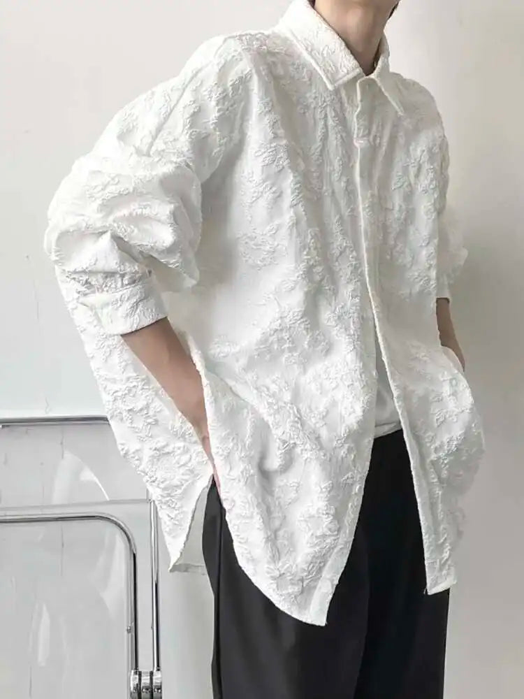 2XL White New Crumpled Jacquard Shirt Loose Fashion Solid Color Casual Turn-down Collar Top New All-match Bat Wing Sleeve P7W voguable