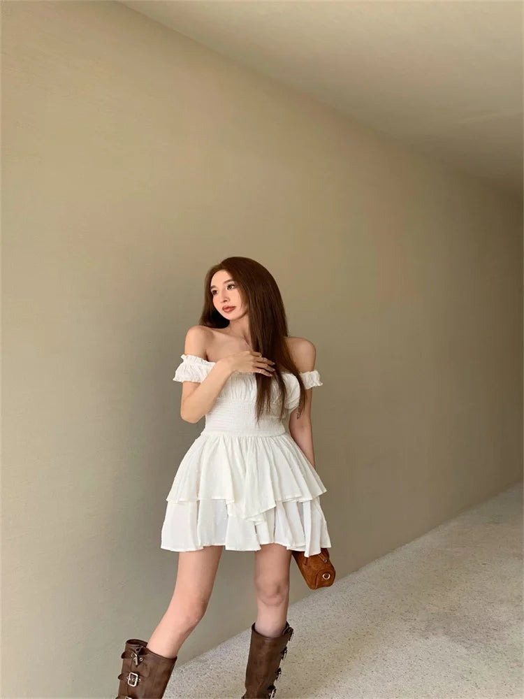 Voguable White Off Shoulder Short Sleeved Vest Dress for Women Summer Sweet Spicy Pleated Ruched Waist Boho Short Dresses Tank Dress voguable