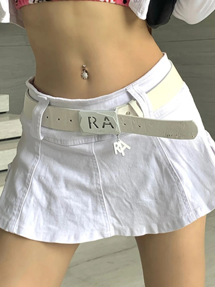 Harajuku Y2k Denim Skirt Women Dark Gothic Streetwear Mini Skirt with Skull Belt Mall Goth Punk Grunge Sexy Emo Clubwear voguable