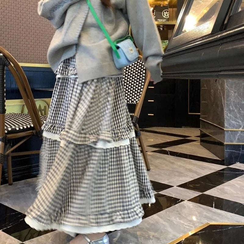 Kawaii Harajuku Plaid Skirt Women Preppy Style Sweet Long Skirts Retro Lace Patchwork A-line Ruffle Skirts Streetwear voguable