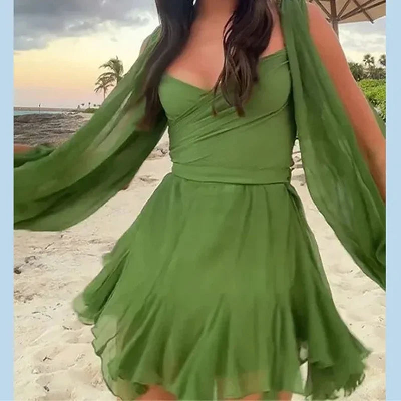 Voguable  Sexy V-Neck Women Long Dress Stylish Sleeve Mini Hollow Out Lace Up Casual Holiday Pleated Vestidos Waist Tight Slim Solid Dress voguable
