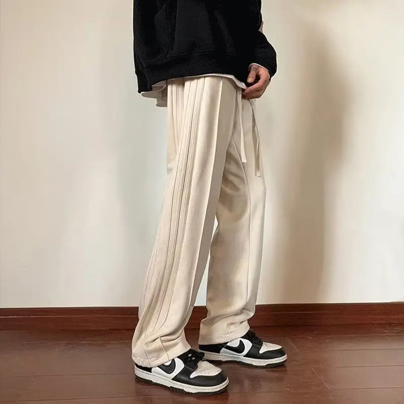 Voguable  Side Stripes Lines American Retro Casual Men Straight Loose Solid Color Versatile Sports Trousers voguable