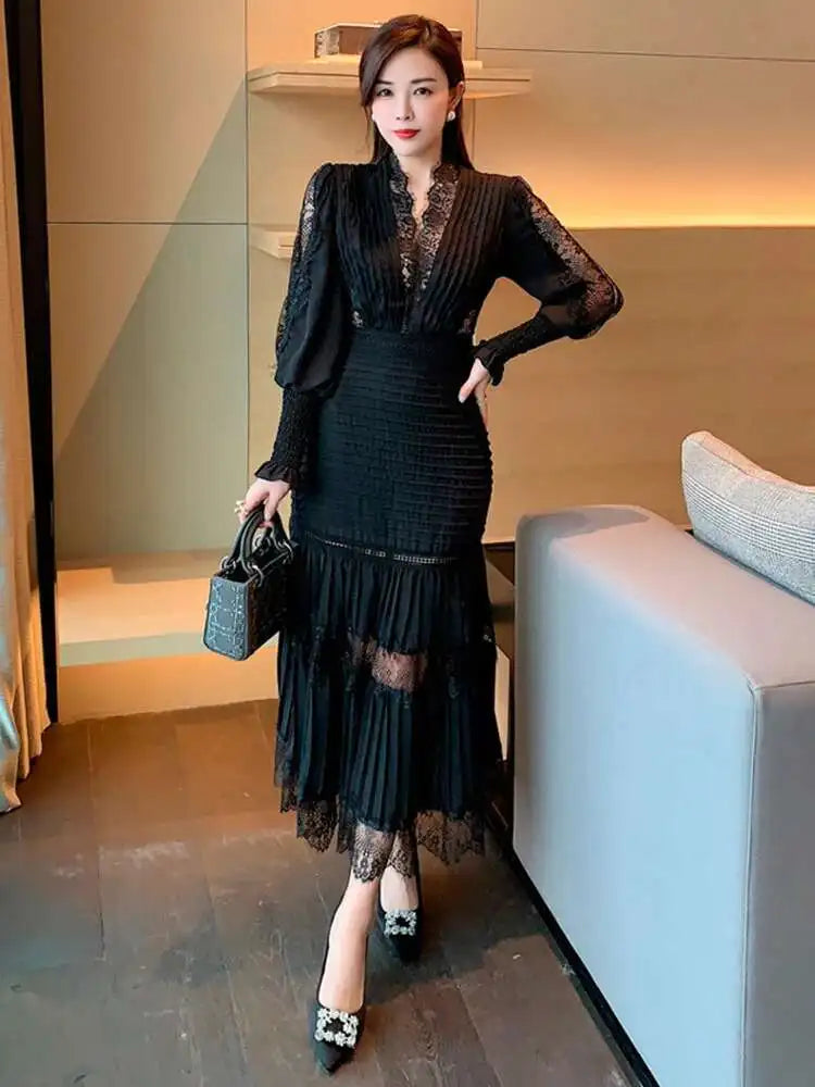 V-neck Lantern Sleeve Lace Stitching Midi Dress Female Clothing Slim Party Dresses For Women Elegant 2025 Summer New voguable