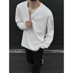 Spring Long Sleeved T-shirt Men Fashion White Pleated T Shirt Men Streetwear Korean Loose Zipper T Shirt Mens Top Plus Size 4XL voguable