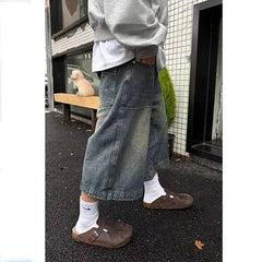 Voguable  American Retro Washed High Street Jeans Shorts Men's Loose Straight Wide Leg Casual Versatile Six Seven Pants voguable