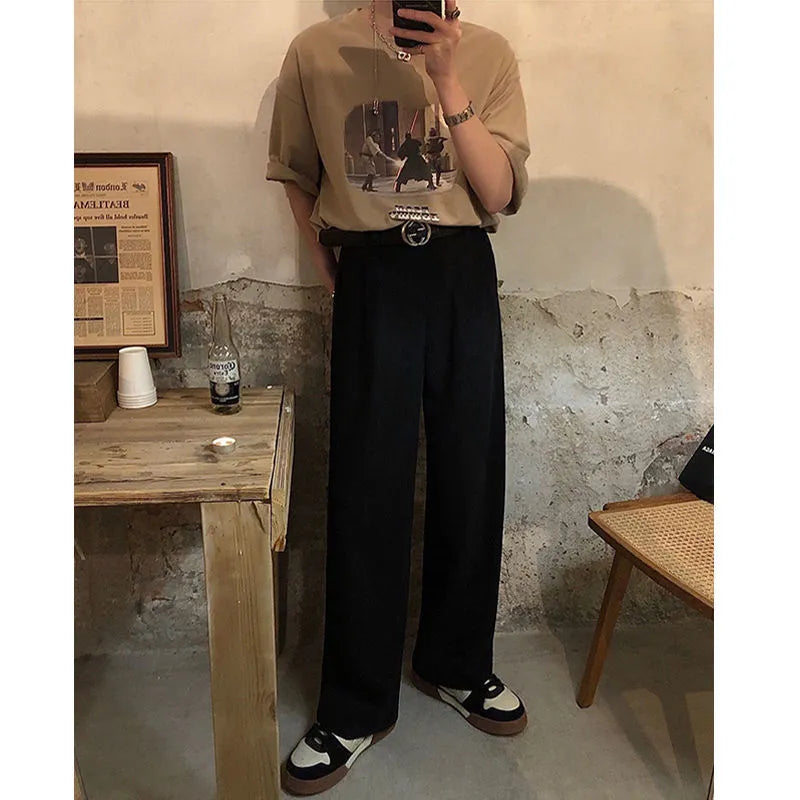 Vintage Solid Color Summer Straight Cylinder Men's Wide Leg Pants Pocket Fashion All-match Street Casual Loose Male Trousers voguable