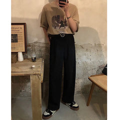Vintage Solid Color Summer Straight Cylinder Men's Wide Leg Pants Pocket Fashion All-match Street Casual Loose Male Trousers voguable