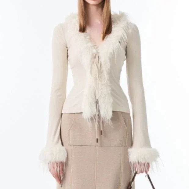 Y2k Aesthetic V-neck Jacket Women Korean Sexy Fashion Cardigan  Harajuku Vintage Bandage Fur Patchwork Coat 2024 Spring Chic voguable