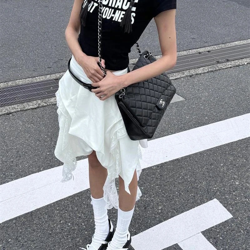 Korean Style Irregular Skirt Women Vintage Elegant White Ruffle Skirt Lace Patchwork Summer Layered Midi Skirts Street voguable