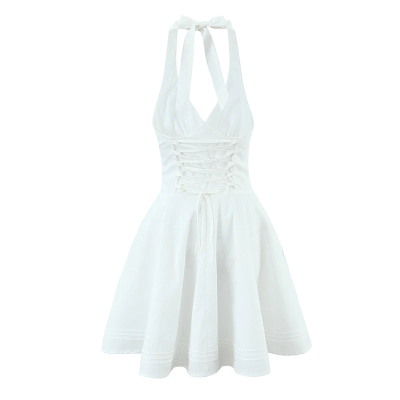 Sexy Deep V Halter White Mini Dress Women Fashion Backless A-line Elegant Party Dresses Summer Robe Lace Up Vestidos voguable
