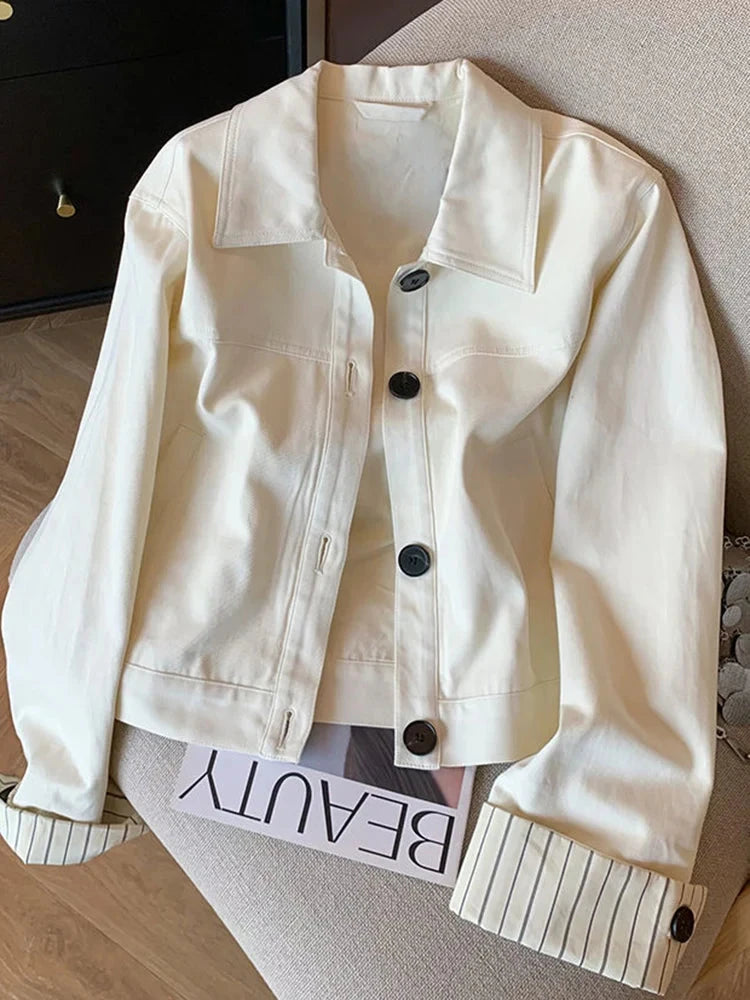 Fashion Sweet Slim Denim Jacket Women Korean Long Sleeve Striped Patchwork Short Coat Fall Winter Female Chic Outwear Tops voguable
