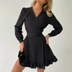 Autumn Simple Holiday A-Line Short Dress Female Solid Color V Neck Long Sleeve Dress Elegant High Waist Ruffles Mini Party Dress voguable