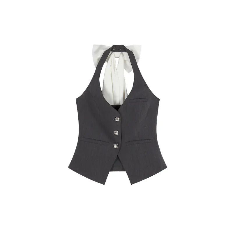 Voguable American Retro Design Feeling Bow Hanging Neck Vest Women's Summer New Suit A-line Short Skirt Two-piece Set Female Clothing voguable